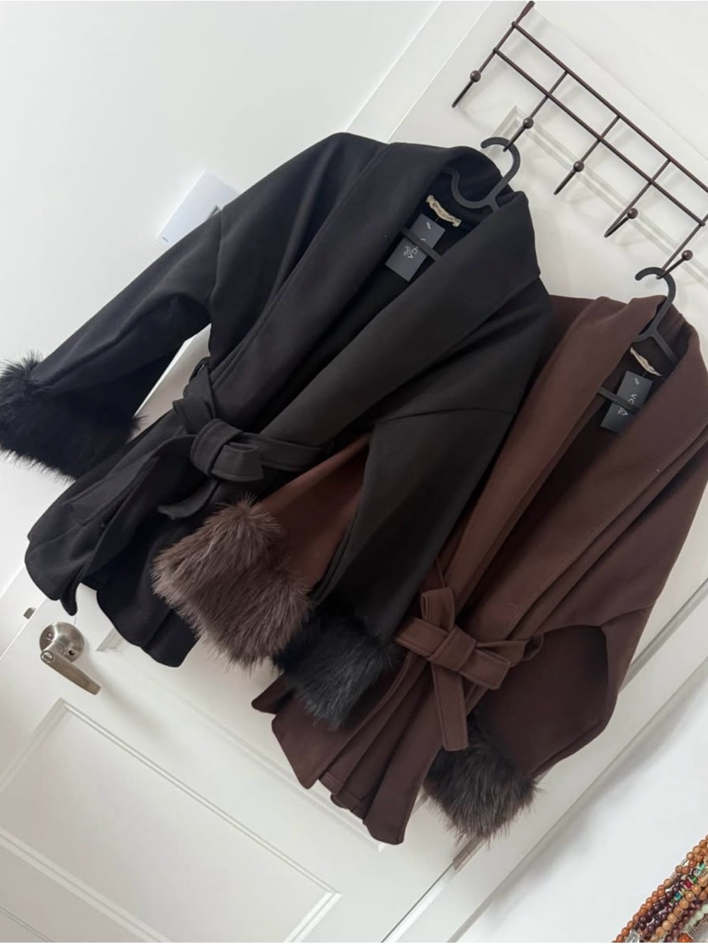 Women's Wrap Coat with Faux-Fur Cuffs - Black and Brown - Set of 2